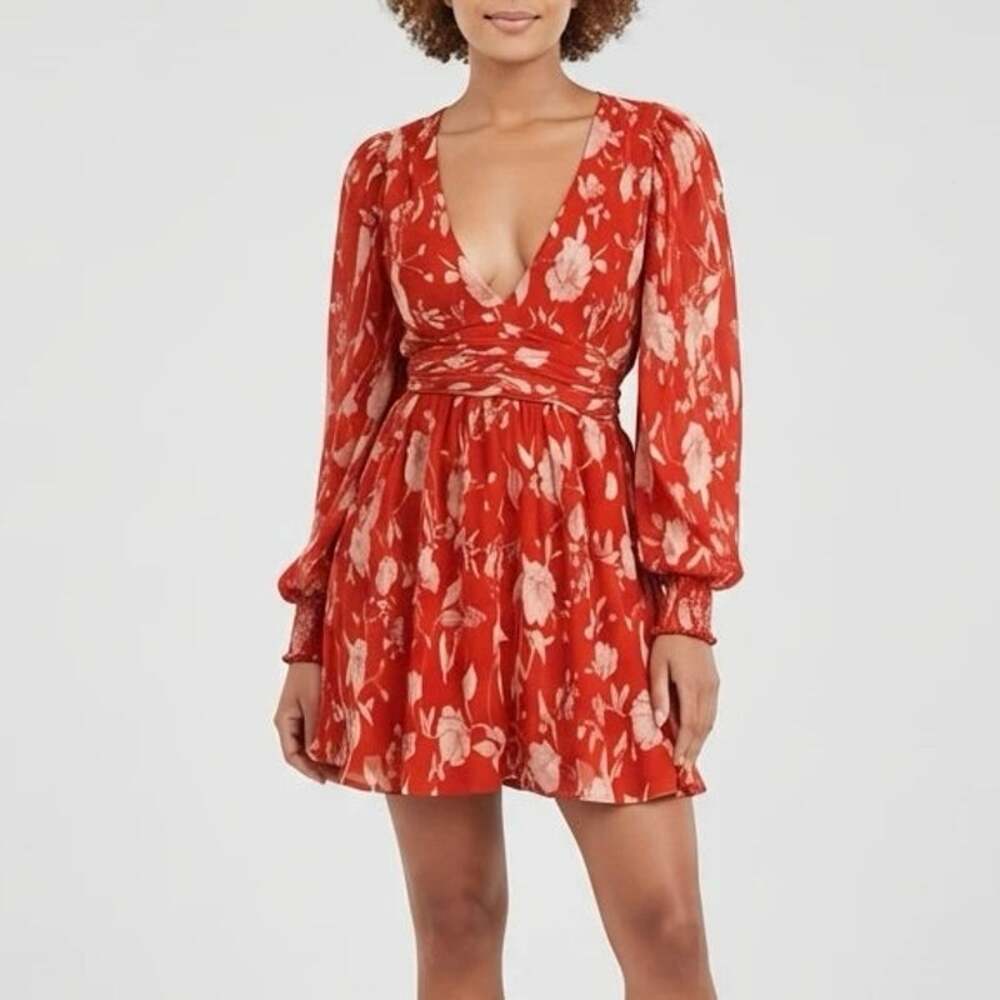 Lumière Autumn Dreams Rust Orange Floral Print Long Sleeve Pleated Mini Dress M